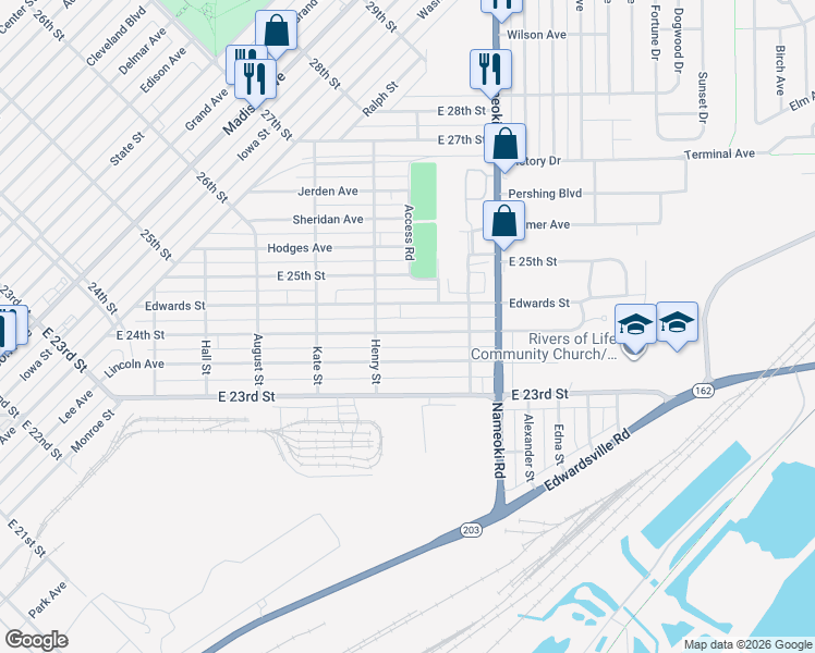 map of restaurants, bars, coffee shops, grocery stores, and more near 2627 East 24th Street in Granite City