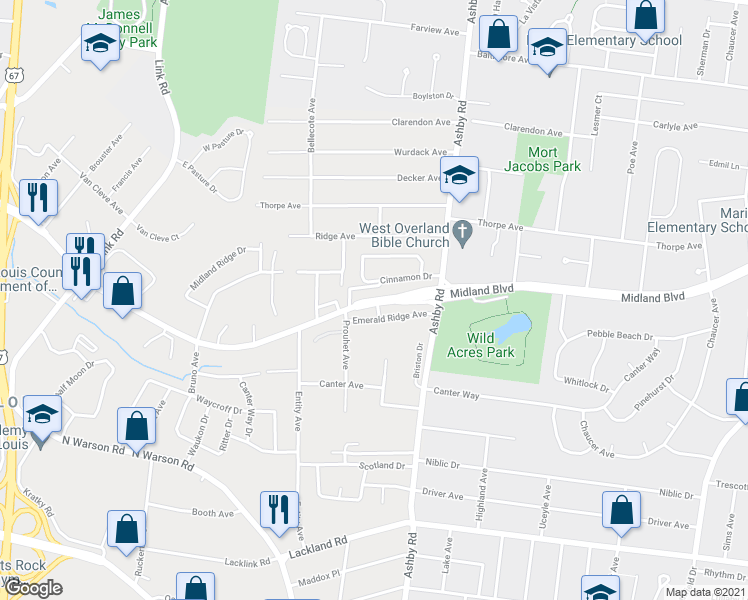 map of restaurants, bars, coffee shops, grocery stores, and more near 10535 Midland Boulevard in St. Louis