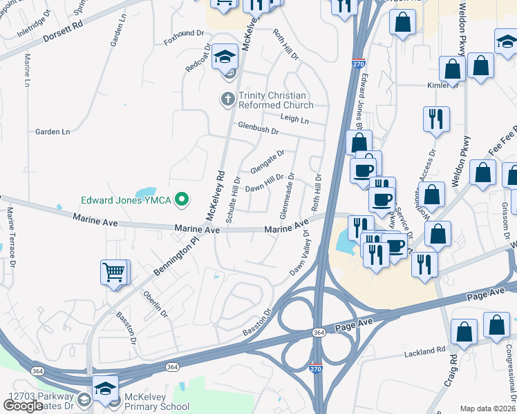 map of restaurants, bars, coffee shops, grocery stores, and more near 1336 Glenstone Drive in Maryland Heights