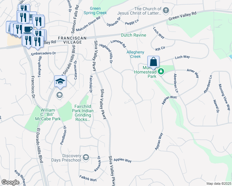 map of restaurants, bars, coffee shops, grocery stores, and more near 3071 Lennox Drive in El Dorado Hills
