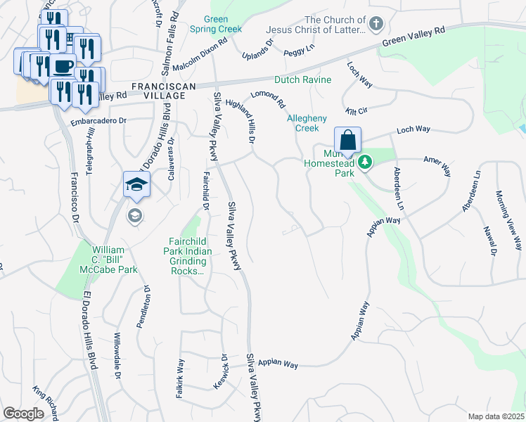 map of restaurants, bars, coffee shops, grocery stores, and more near 3071 Lennox Drive in El Dorado Hills