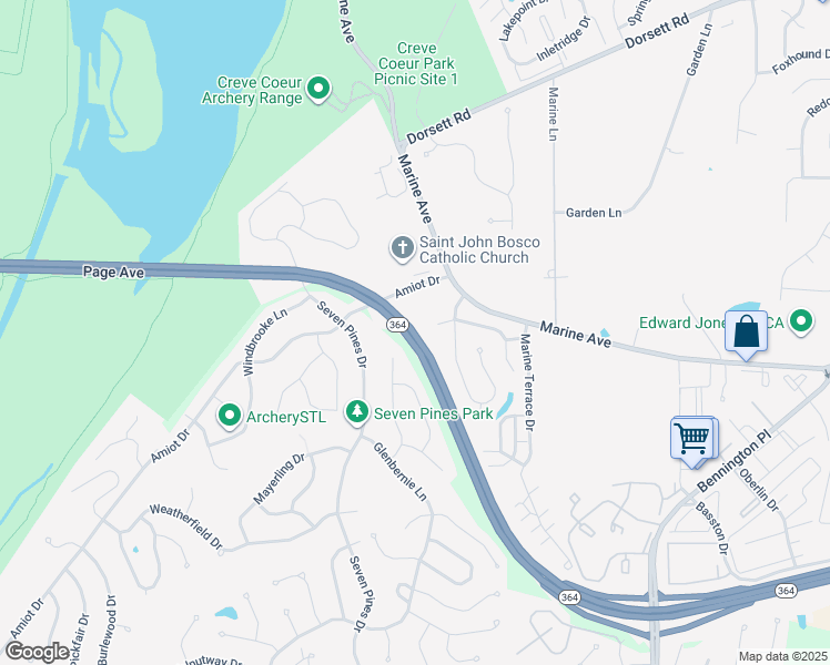 map of restaurants, bars, coffee shops, grocery stores, and more near Page Avenue in St. Louis