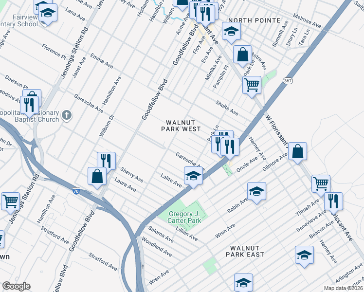 map of restaurants, bars, coffee shops, grocery stores, and more near 6048 Thekla Avenue in St. Louis