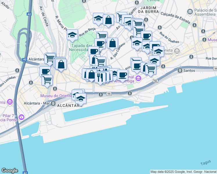 map of restaurants, bars, coffee shops, grocery stores, and more near 29 Rua Presidente Arriaga in Lisboa