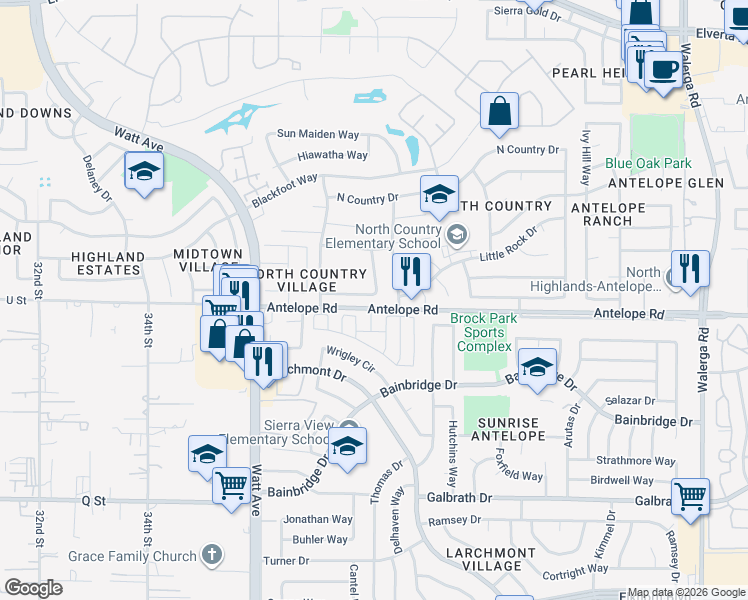 map of restaurants, bars, coffee shops, grocery stores, and more near 3624 Comanche Way in Antelope