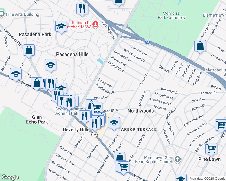 map of restaurants, bars, coffee shops, grocery stores, and more near 7005 Winchester Drive in St. Louis