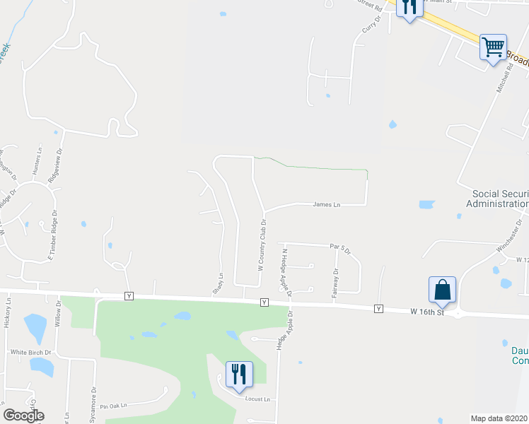 map of restaurants, bars, coffee shops, grocery stores, and more near 2501 James Lane in Sedalia