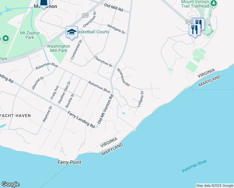 map of restaurants, bars, coffee shops, grocery stores, and more near 3807 Washington Woods Drive in Alexandria