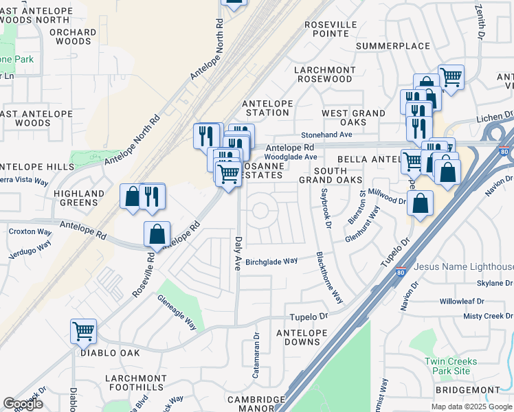 map of restaurants, bars, coffee shops, grocery stores, and more near 5925 Mallard Lane in Citrus Heights