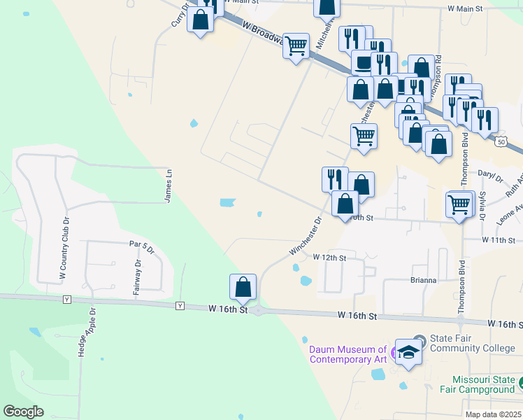 map of restaurants, bars, coffee shops, grocery stores, and more near 3751 West 10th Street in Sedalia