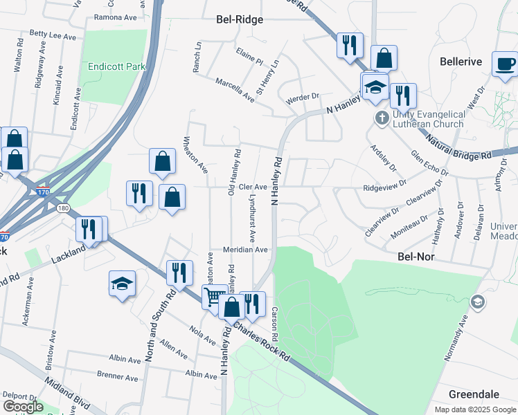 map of restaurants, bars, coffee shops, grocery stores, and more near 2839 Lyndhurst Avenue in St. Louis