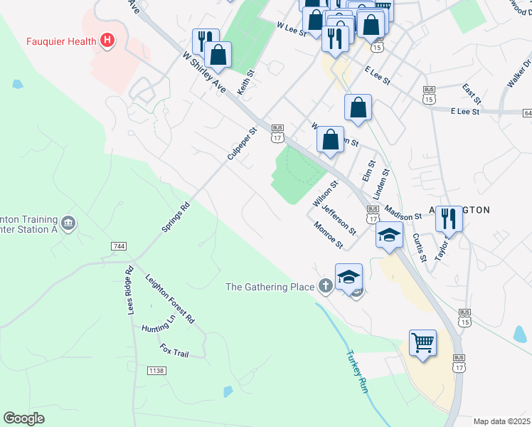 map of restaurants, bars, coffee shops, grocery stores, and more near 110 Brookshire Drive in Warrenton