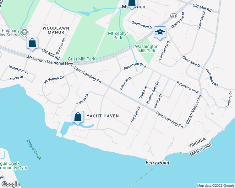 map of restaurants, bars, coffee shops, grocery stores, and more near 4409 Ferry Landing Road in Alexandria