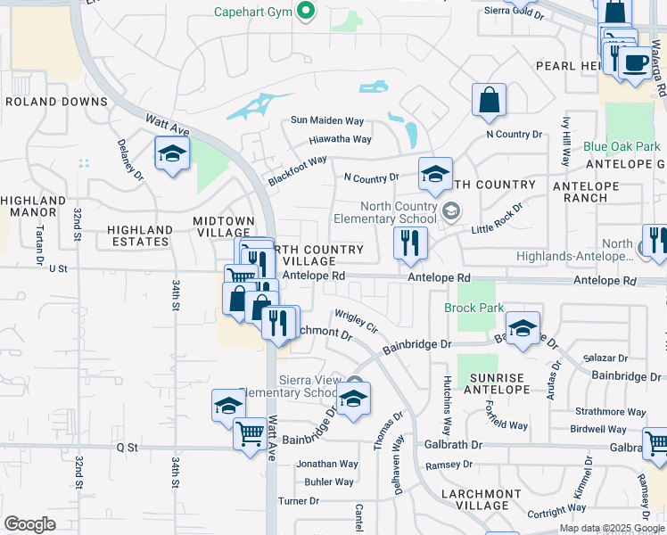 map of restaurants, bars, coffee shops, grocery stores, and more near 3600 Comanche Way in Sacramento