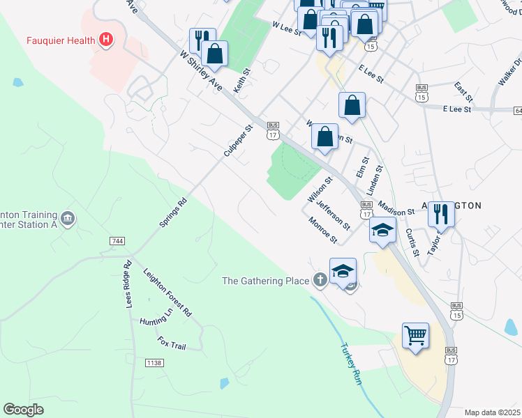 map of restaurants, bars, coffee shops, grocery stores, and more near 110 Brookshire Drive in Warrenton