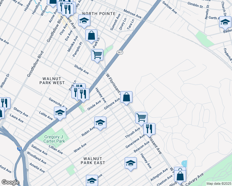 map of restaurants, bars, coffee shops, grocery stores, and more near 5776 West Florissant Avenue in St. Louis