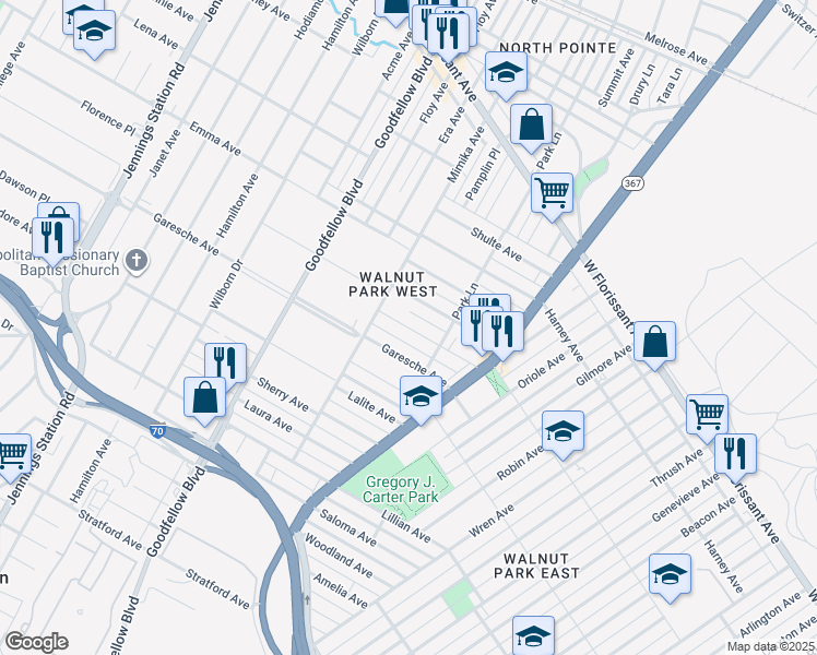 map of restaurants, bars, coffee shops, grocery stores, and more near 6048 Thekla Avenue in St. Louis