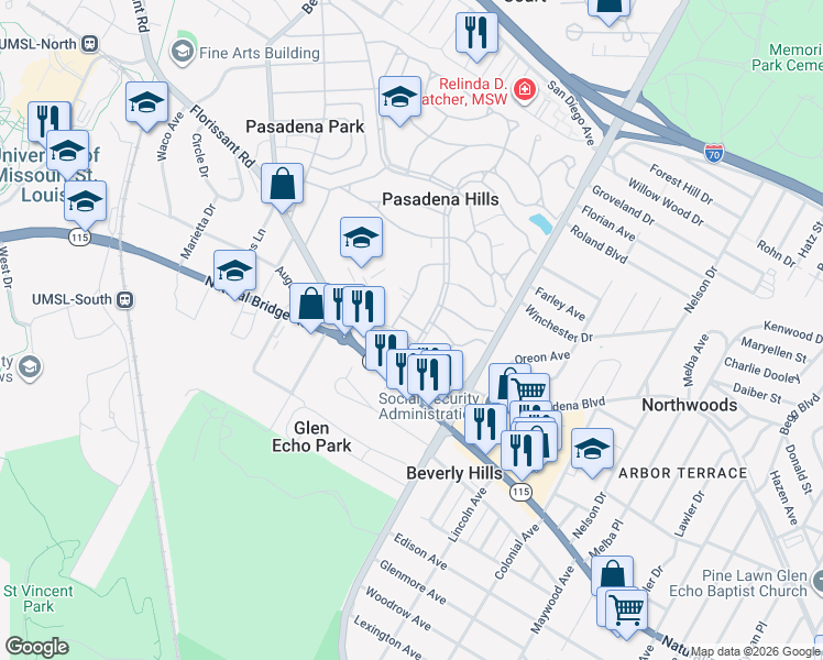 map of restaurants, bars, coffee shops, grocery stores, and more near 7311 Pasadena Boulevard in St. Louis