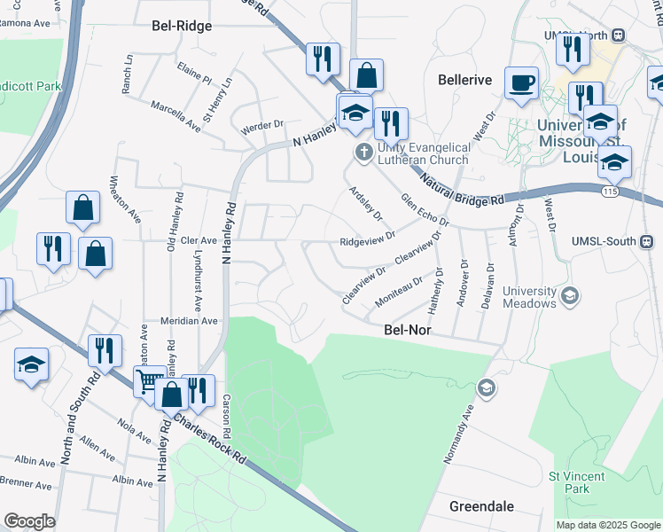 map of restaurants, bars, coffee shops, grocery stores, and more near 8411 Knollwood Drive in St. Louis