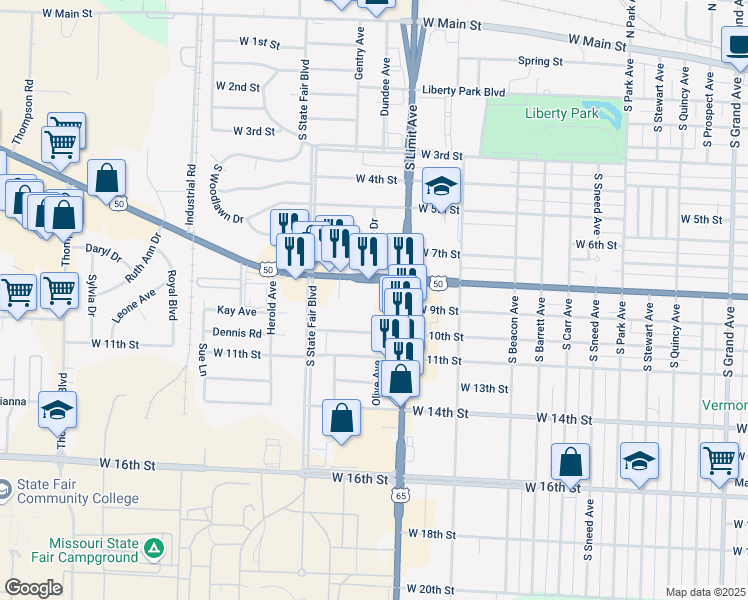 map of restaurants, bars, coffee shops, grocery stores, and more near 1981-2021 West Broadway Boulevard in Sedalia