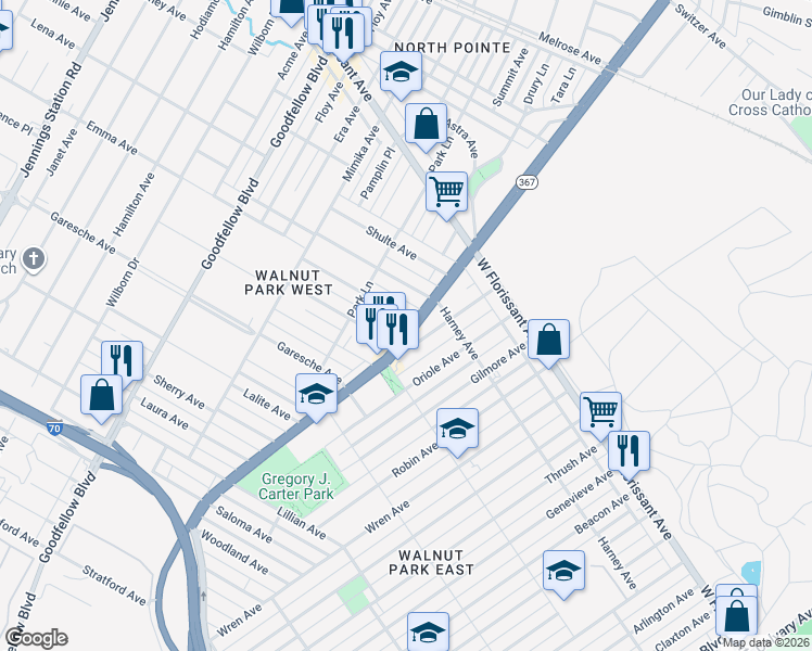 map of restaurants, bars, coffee shops, grocery stores, and more near 5900 Emma Avenue in St. Louis