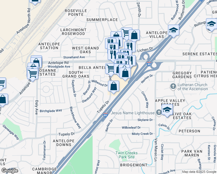 map of restaurants, bars, coffee shops, grocery stores, and more near 6397 Tupelo Drive in Citrus Heights