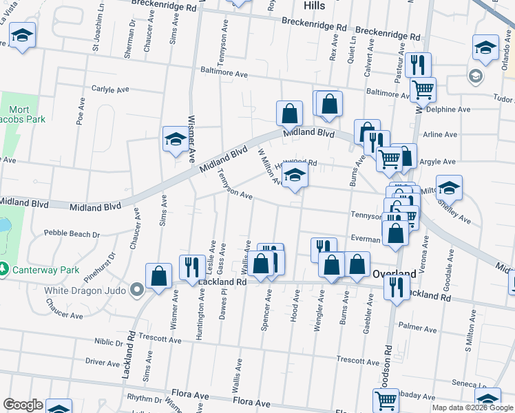 map of restaurants, bars, coffee shops, grocery stores, and more near 9622 Tennyson Avenue in Overland