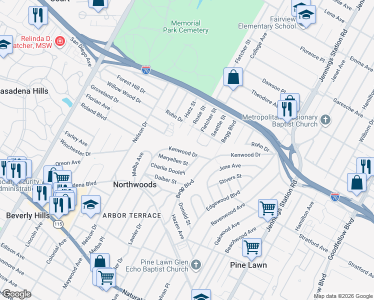 map of restaurants, bars, coffee shops, grocery stores, and more near 6741 Kenwood Drive in St. Louis