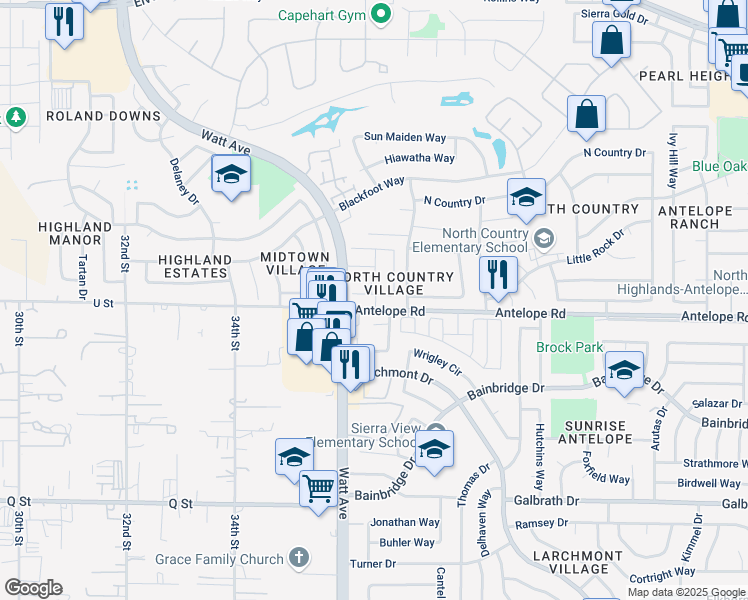 map of restaurants, bars, coffee shops, grocery stores, and more near 3550 Caballero Lane in Antelope