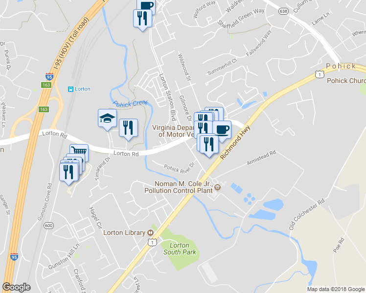 map of restaurants, bars, coffee shops, grocery stores, and more near 7701 Lorton Road in Lorton