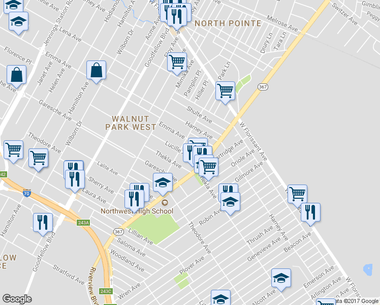 map of restaurants, bars, coffee shops, grocery stores, and more near 5937 Lucille Avenue in St. Louis