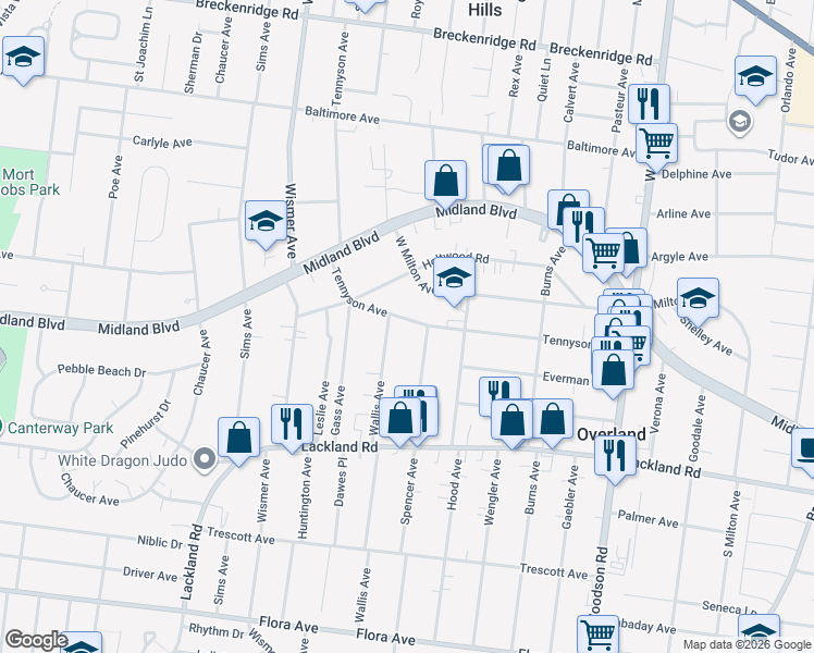 map of restaurants, bars, coffee shops, grocery stores, and more near 9622 Tennyson Avenue in Overland