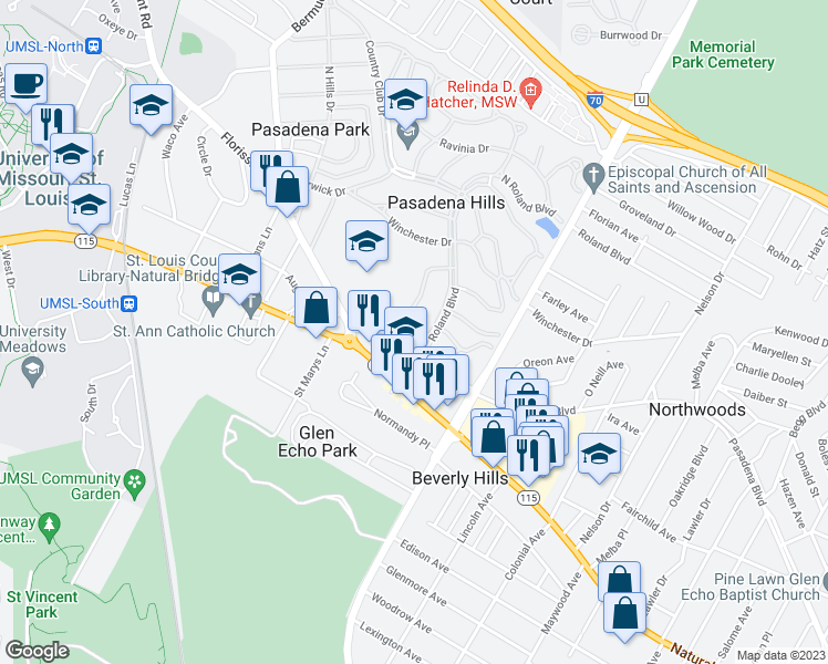 map of restaurants, bars, coffee shops, grocery stores, and more near 7311 Pasadena Boulevard in St. Louis