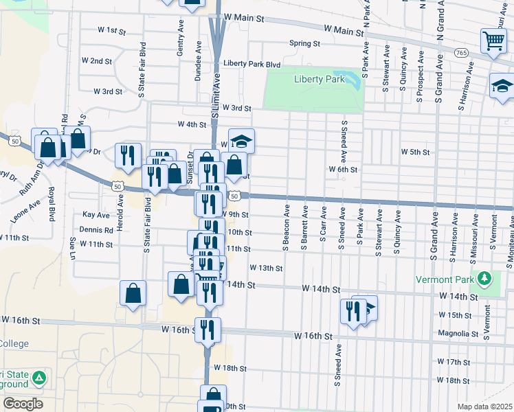 map of restaurants, bars, coffee shops, grocery stores, and more near 19 South Warren Avenue in Sedalia