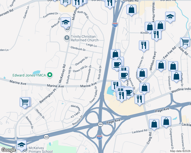 map of restaurants, bars, coffee shops, grocery stores, and more near 1256 Dawn Valley Drive in Maryland Heights