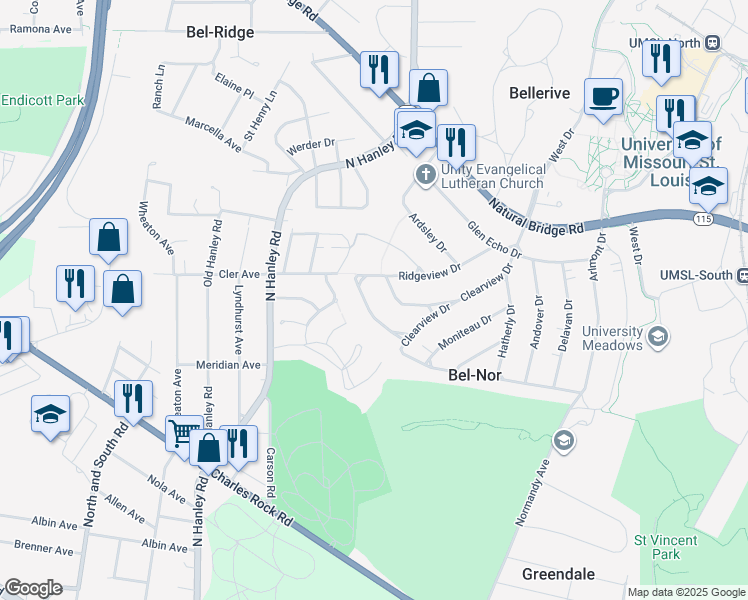 map of restaurants, bars, coffee shops, grocery stores, and more near 8411 Knollwood Dr in St Louis