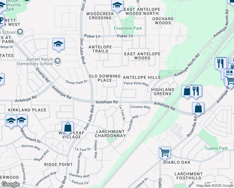map of restaurants, bars, coffee shops, grocery stores, and more near 7620 Luzern Way in Antelope