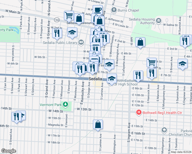 map of restaurants, bars, coffee shops, grocery stores, and more near in Sedalia