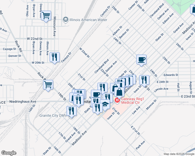 map of restaurants, bars, coffee shops, grocery stores, and more near 2137 Delmar Avenue in Granite City