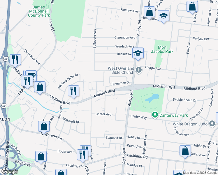 map of restaurants, bars, coffee shops, grocery stores, and more near 10576 Cinnamon Drive in St. Louis