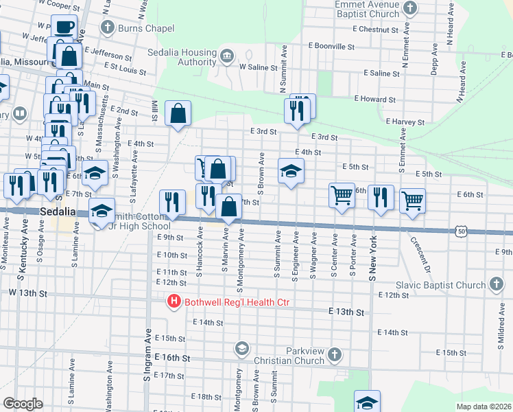 map of restaurants, bars, coffee shops, grocery stores, and more near 922 East 7th Street in Sedalia