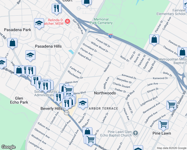 map of restaurants, bars, coffee shops, grocery stores, and more near 4401 Colonial Avenue in St. Louis