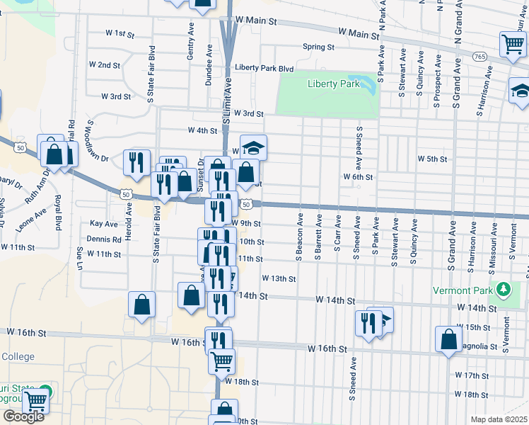 map of restaurants, bars, coffee shops, grocery stores, and more near 19 South Warren Avenue in Sedalia