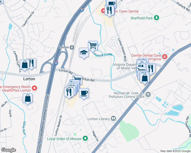 map of restaurants, bars, coffee shops, grocery stores, and more near 7802 Lewis Chapel Circle in Lorton