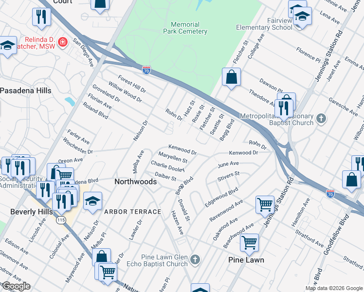 map of restaurants, bars, coffee shops, grocery stores, and more near 6741 Kenwood Drive in St. Louis