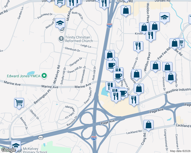 map of restaurants, bars, coffee shops, grocery stores, and more near 1252 Roth Hill Drive in Maryland Heights