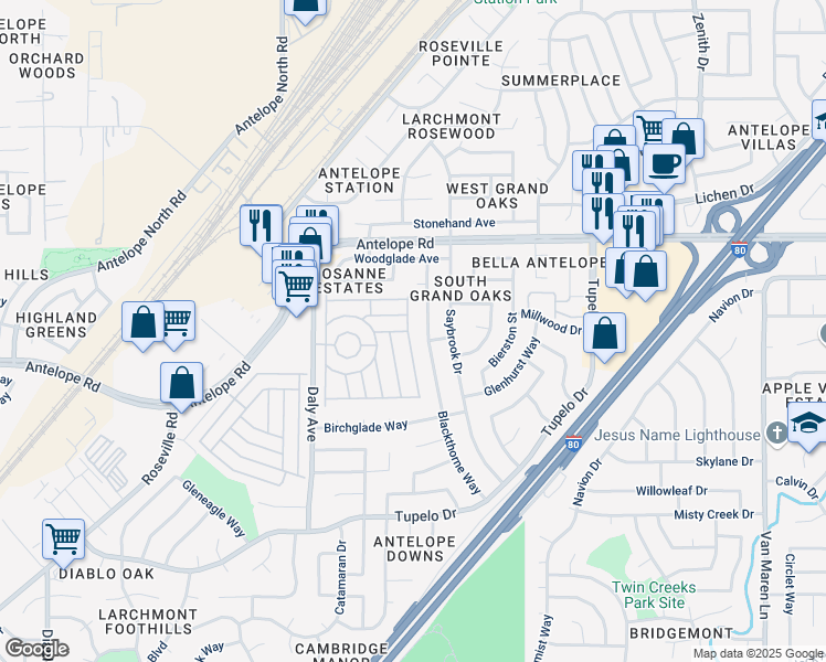 map of restaurants, bars, coffee shops, grocery stores, and more near 7544 Scaup Lane in Citrus Heights