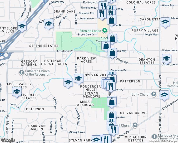 map of restaurants, bars, coffee shops, grocery stores, and more near 77242 Lauppe Lane in Citrus Heights