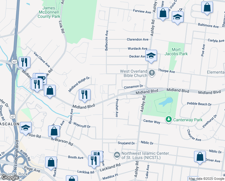 map of restaurants, bars, coffee shops, grocery stores, and more near 2540 Bellecote Avenue in St. Louis