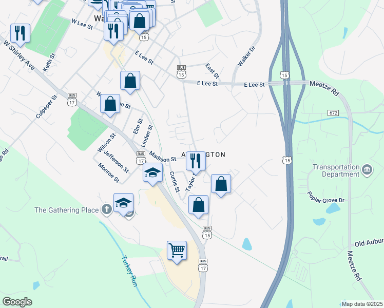 map of restaurants, bars, coffee shops, grocery stores, and more near 20 Madison Street in Warrenton